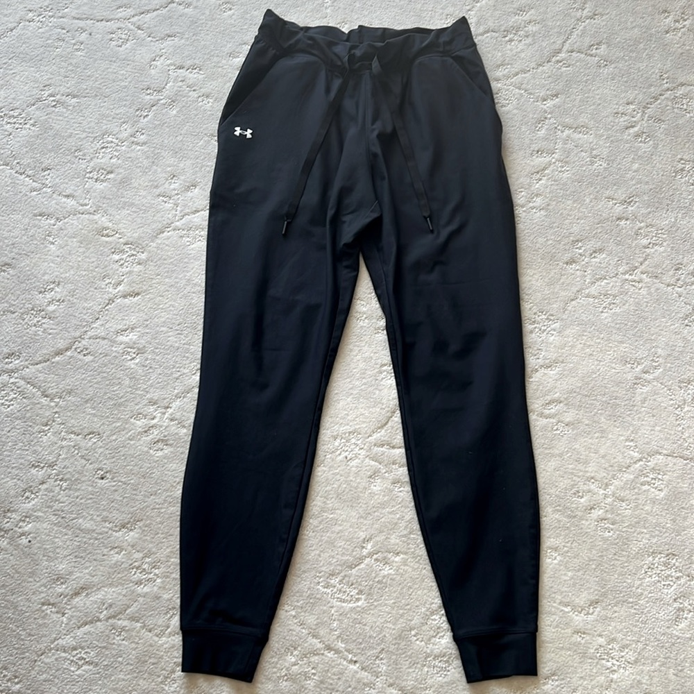 Black Under Armour Side Pockets Polyester Pants w/White Logo on Right Upper Side